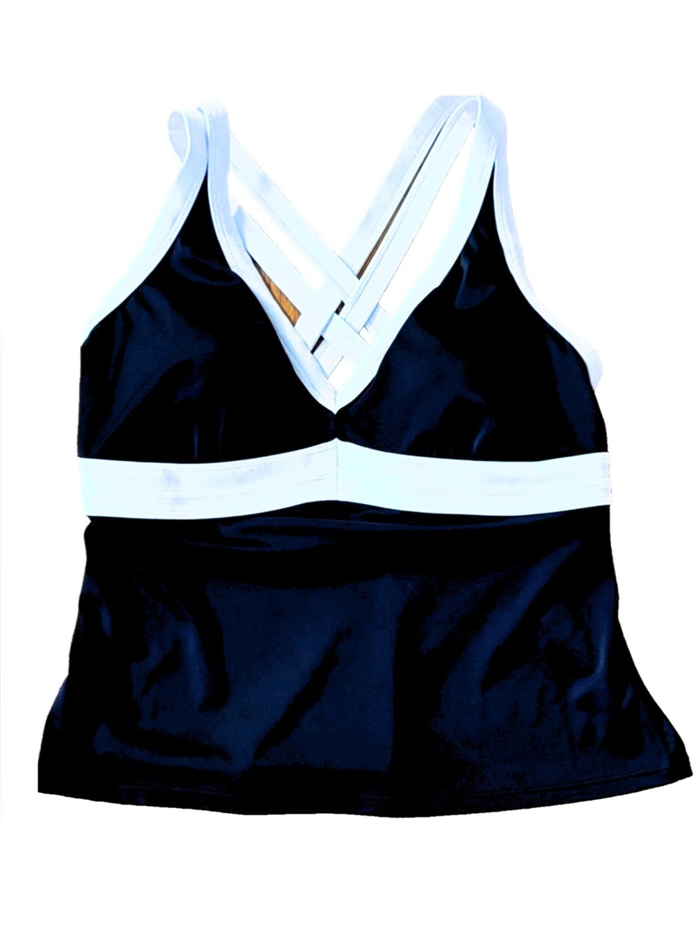 Lands’ End Navy Light Blue Strappy Tankini Top Size 12 Shelf Bra Swim